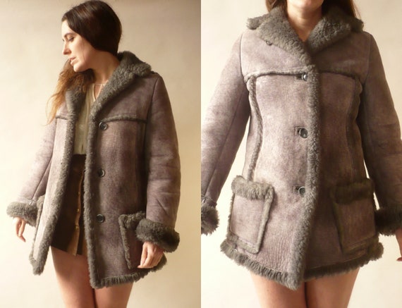 1970's Vintage Grey Sheepskin Shearling Jacket Coa