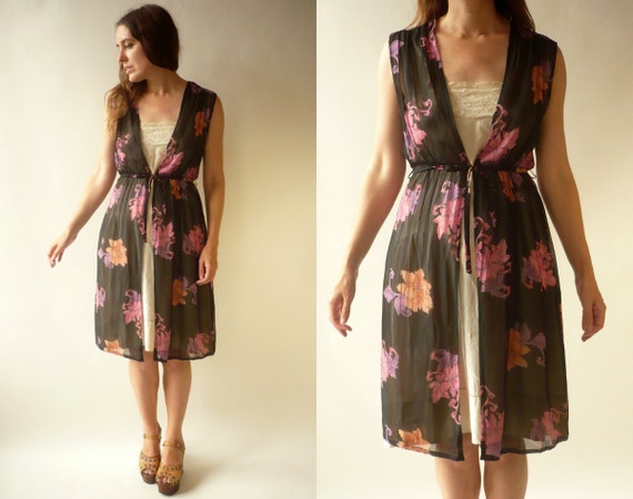 1970's Vintage Sheer Chiffon Floral Midi Dress Tun
