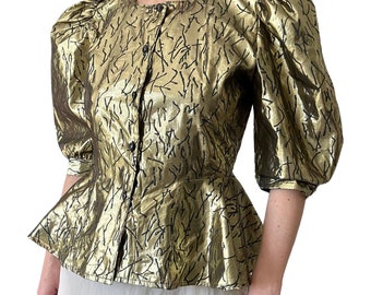 1980's Vintage Gold Metallic Lame Puff Sleeve Blouse Top Size Medium