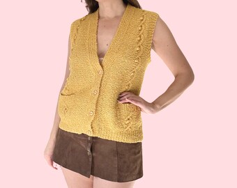 1970's Vintage Yellow Hand Knitted Textured Popcorn Sweater Vest Waistcoat