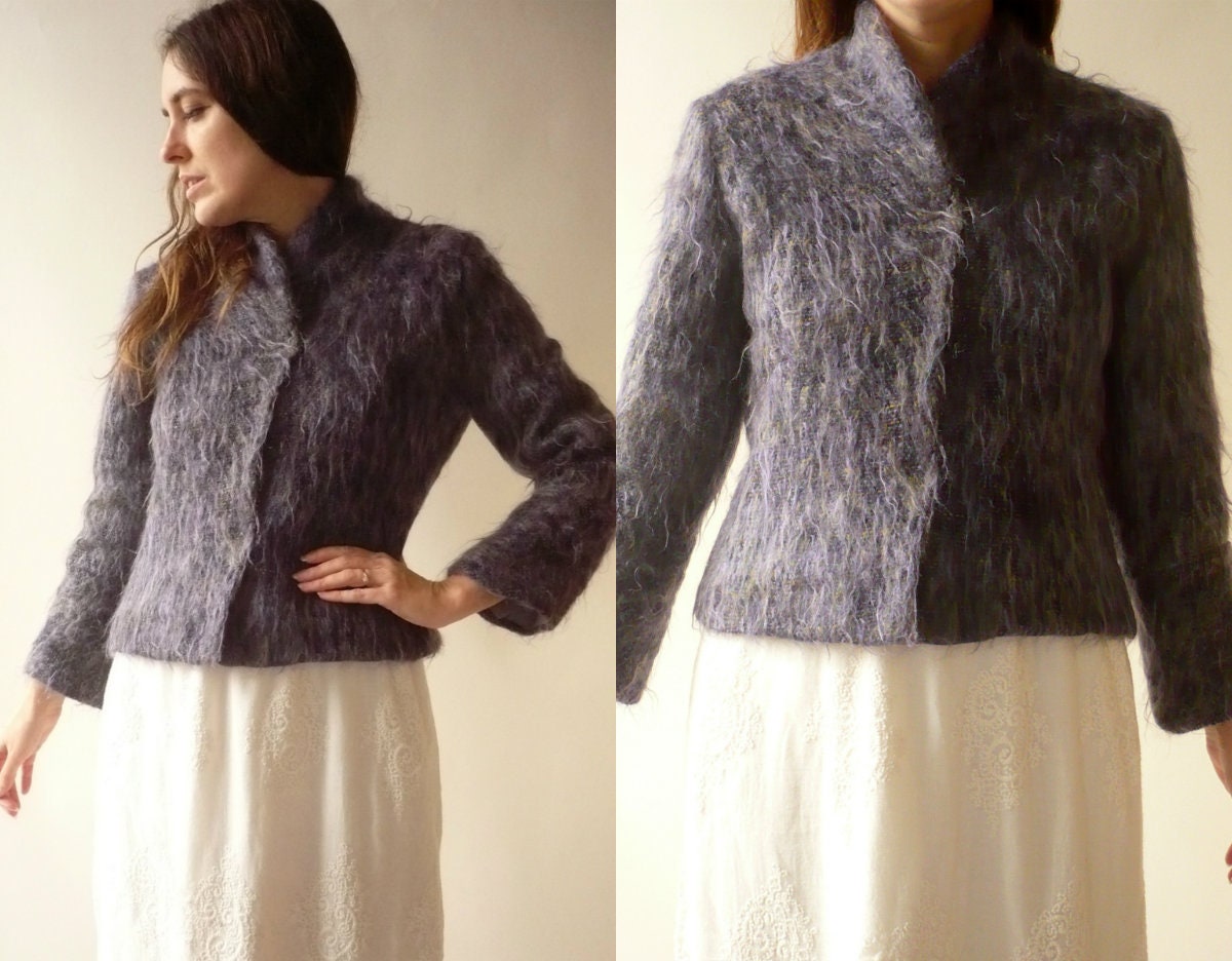 Image of 's Vintage Purple Fluffy Mohair Wool Cropped Jacket Size Small