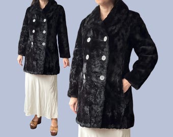 1960's Vintage Black Faux Fur Winter Swing Coat Jacket
