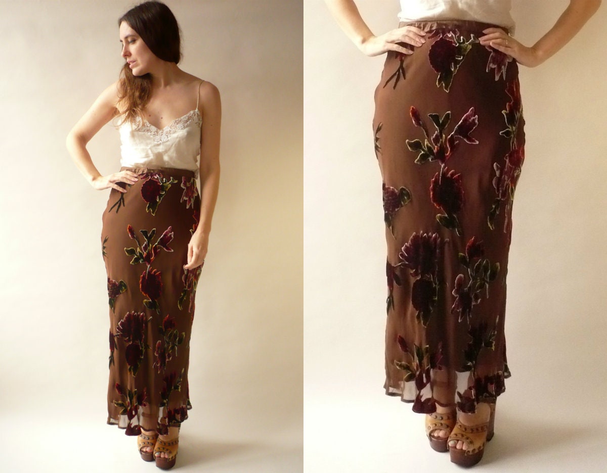 Image of East 's Vintage Silk & Devore Velvet Bias Cut Bohemian Maxi Skirt Size Uk