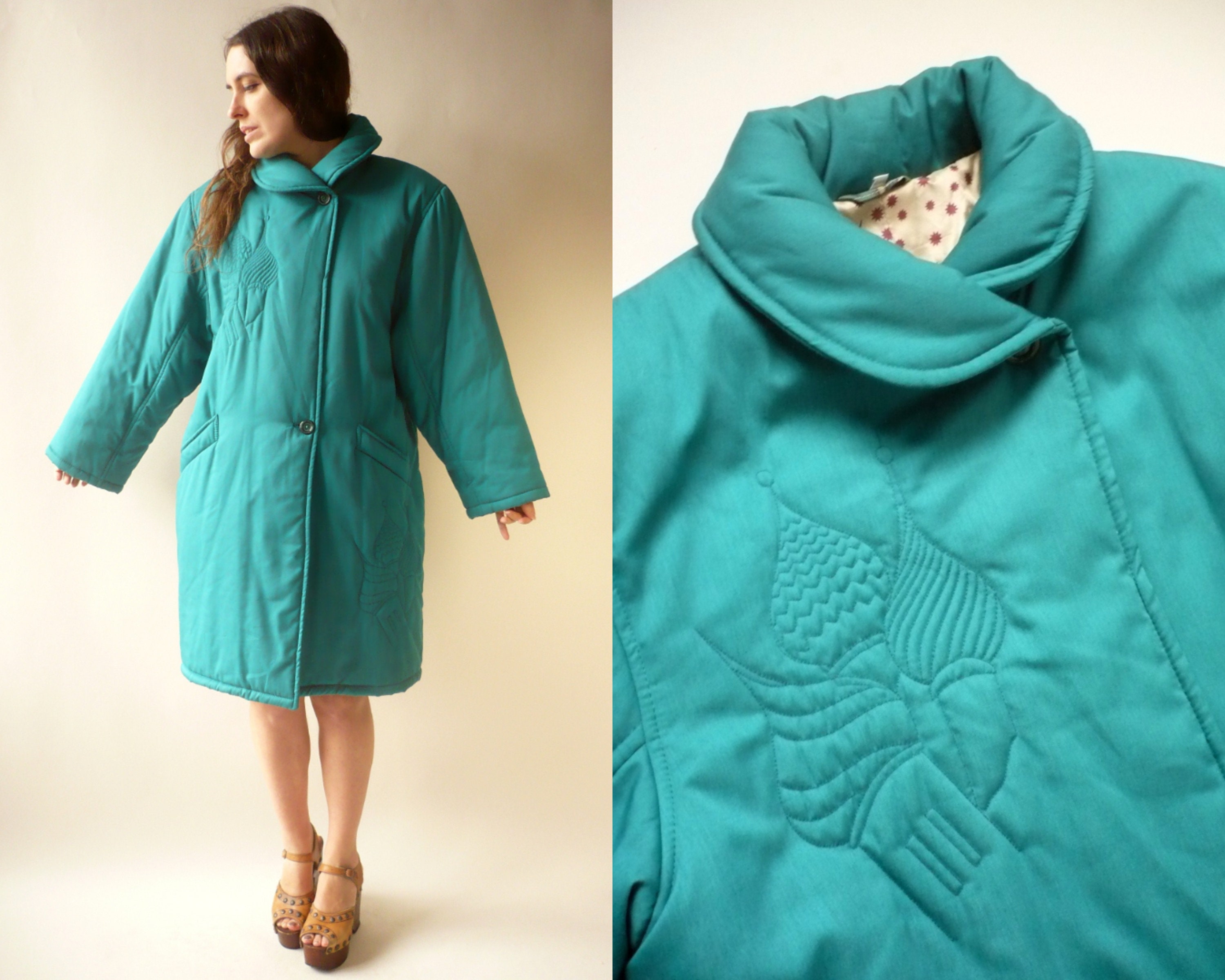 Image of 's Vintage Green Novelty Russian Embroidered Lightly Quilted Padded Jacket Coat