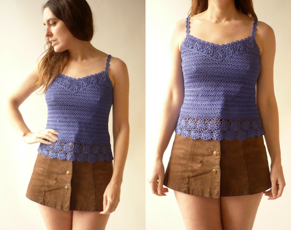 Image of 's Vintage Blue Crochet Hippie Bohemian Knitted Top Size Small
