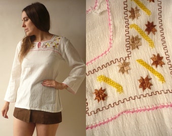 1970's Vintage Cross Stitch Cheesecloth Embroidered Peasant Folk Top Size XS