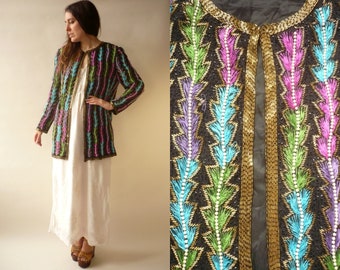 1980's Vintage Black & Rainbow All Over Beaded Sequin Deco Silk Jacket Cardigan Flapper Top
