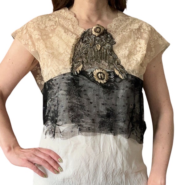 Vintage Black & Cream Distressed Top Made From Antique 1920's Lace For Display Or Study