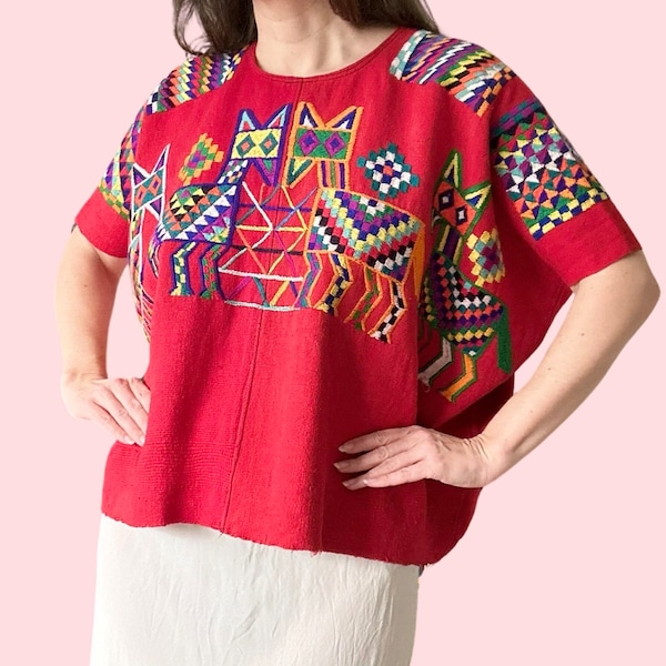 Vintage Guatemalan Huipil Top Poncho Hand Embroidered Hand Loomed Hippy Festival Artisan - As Is