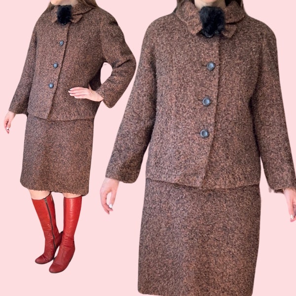 1960's Vintage Boucle Wool Textured Jacket & Skirt Two Piece Set Size Medium