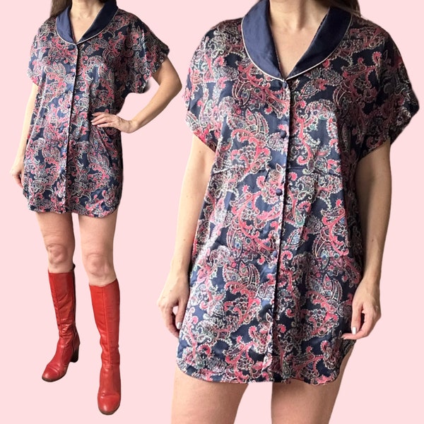 1990’s Vintage Paisley Print Satin Nightshirt Mini Dress Size Medium