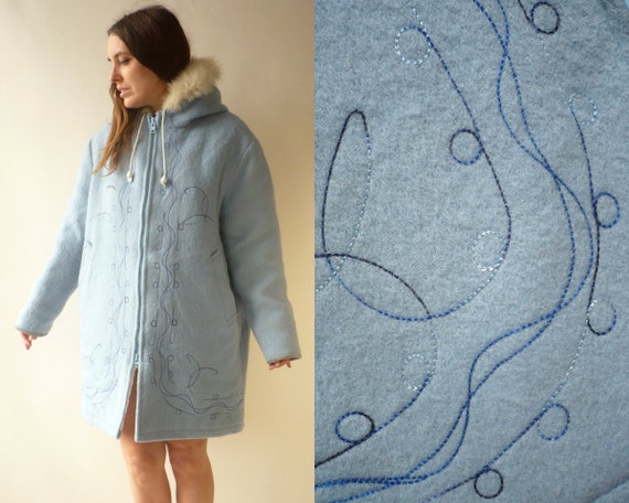 Vintage Hudson Bay Wool Eskimo Hooded Coat With Fu