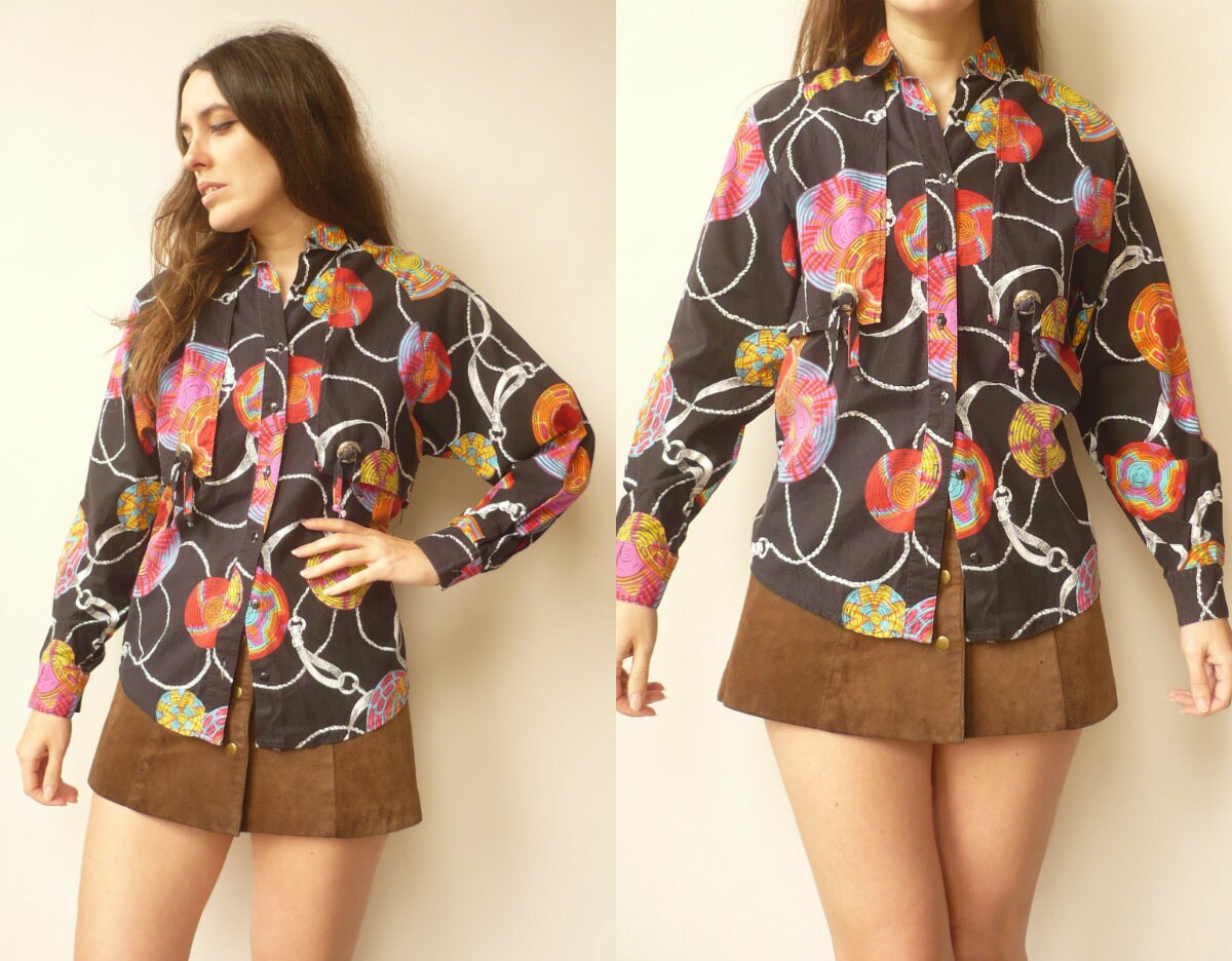 Image of 's Vintage Wrangler Authentic Western Novelty Printed Shirt With Conchos Size Small