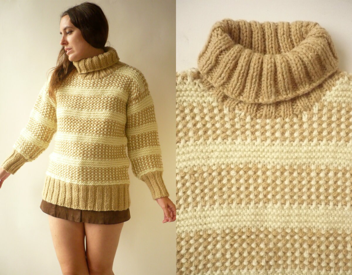 Image of 's Vintage Neutral Cream Hand Knitted Wool Roll Neck Jumper