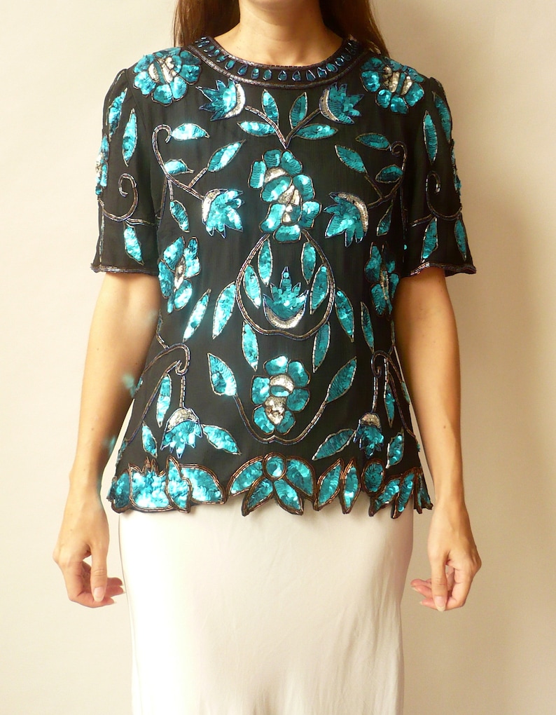 1980/'s Vintage Blue /& Black Heavily Beaded Sequin Deco Silk Flapper Top