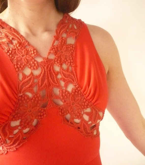 1970's Vintage Bright Red Cut Out Lace Detail Boh… - image 6