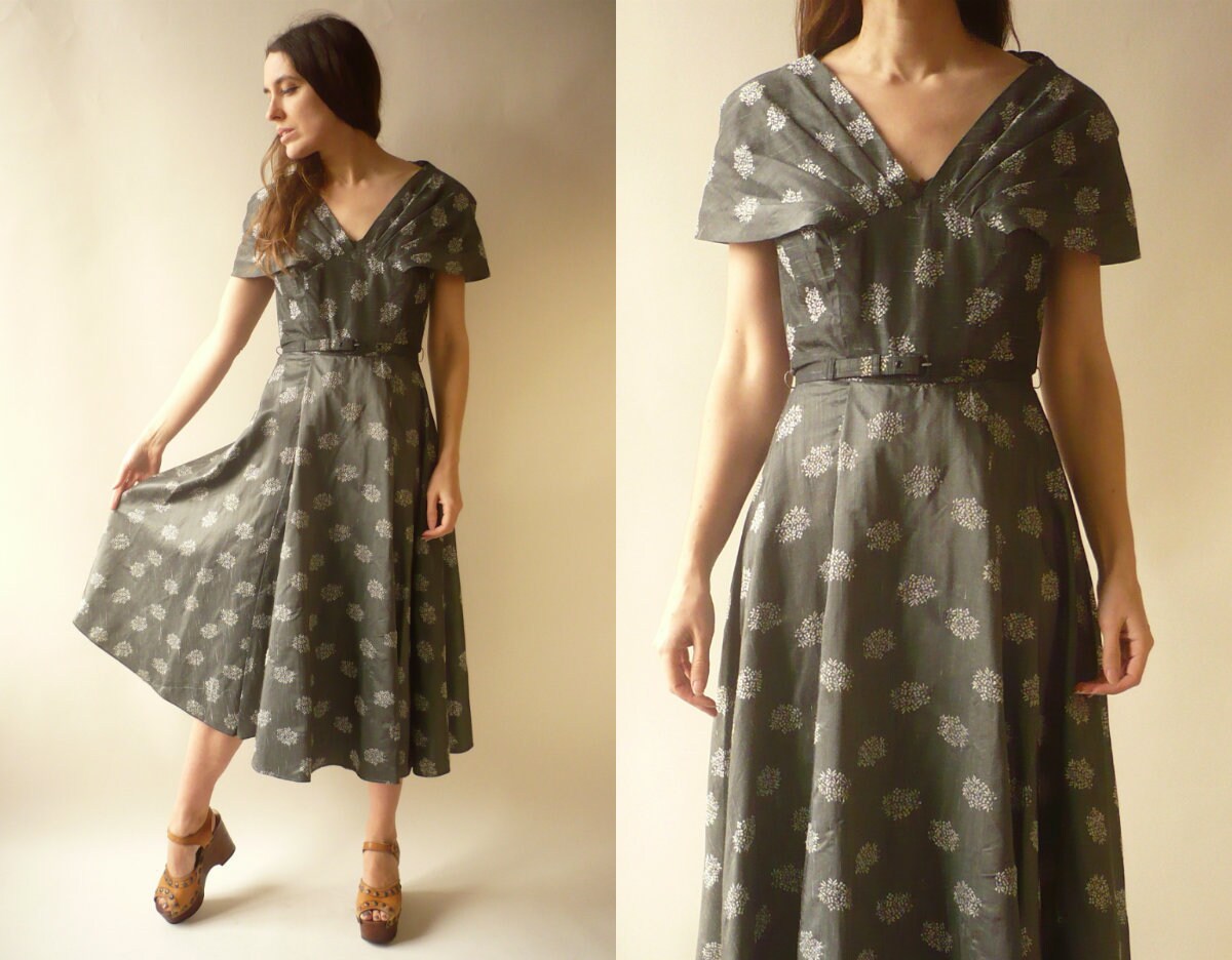 Image of 's Vintage Grey Floral Full Skirted London Made Prom Dress Size Xs