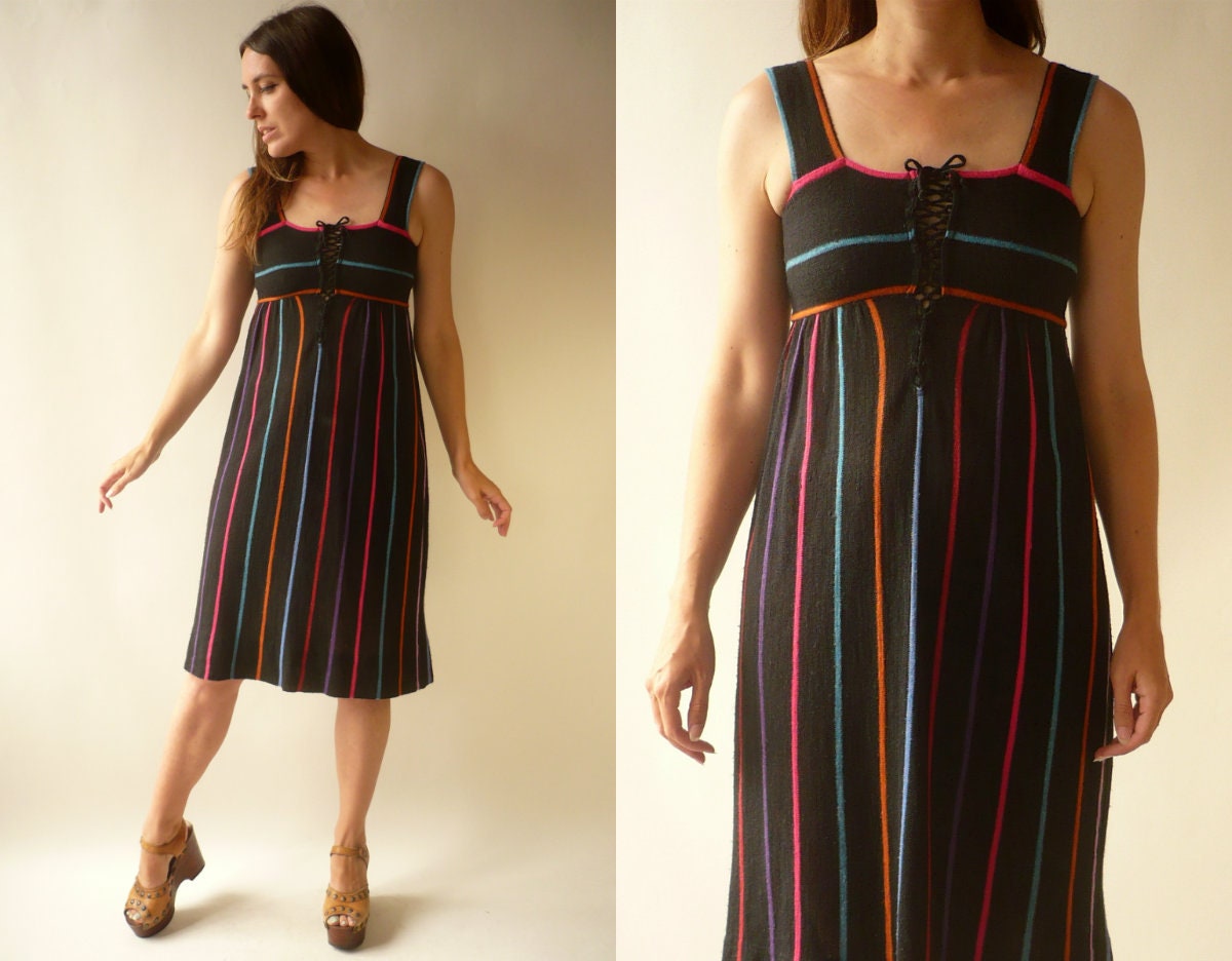 Image of 's Vintage Knitted Rainbow Stripe Midi Dress Size Xs