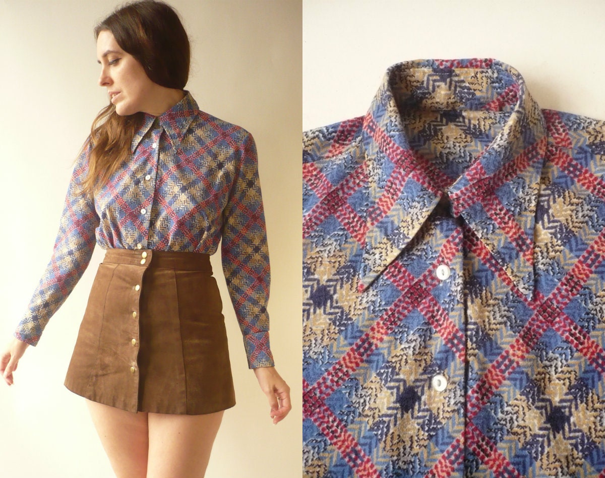 Image of 's Vintage Skinny Fit Checked Pattern Retro Shirt Size S/M