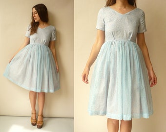 1950's Vintage Blue Organza Full Skirt Floral Prom Party Dress Evening Dress Size XXS