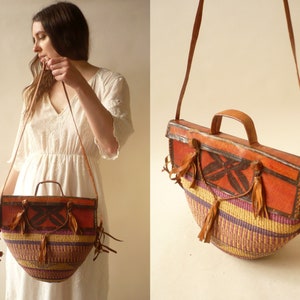 1970's Vintage Leather & Straw Woven Market Sisal Bag Tote