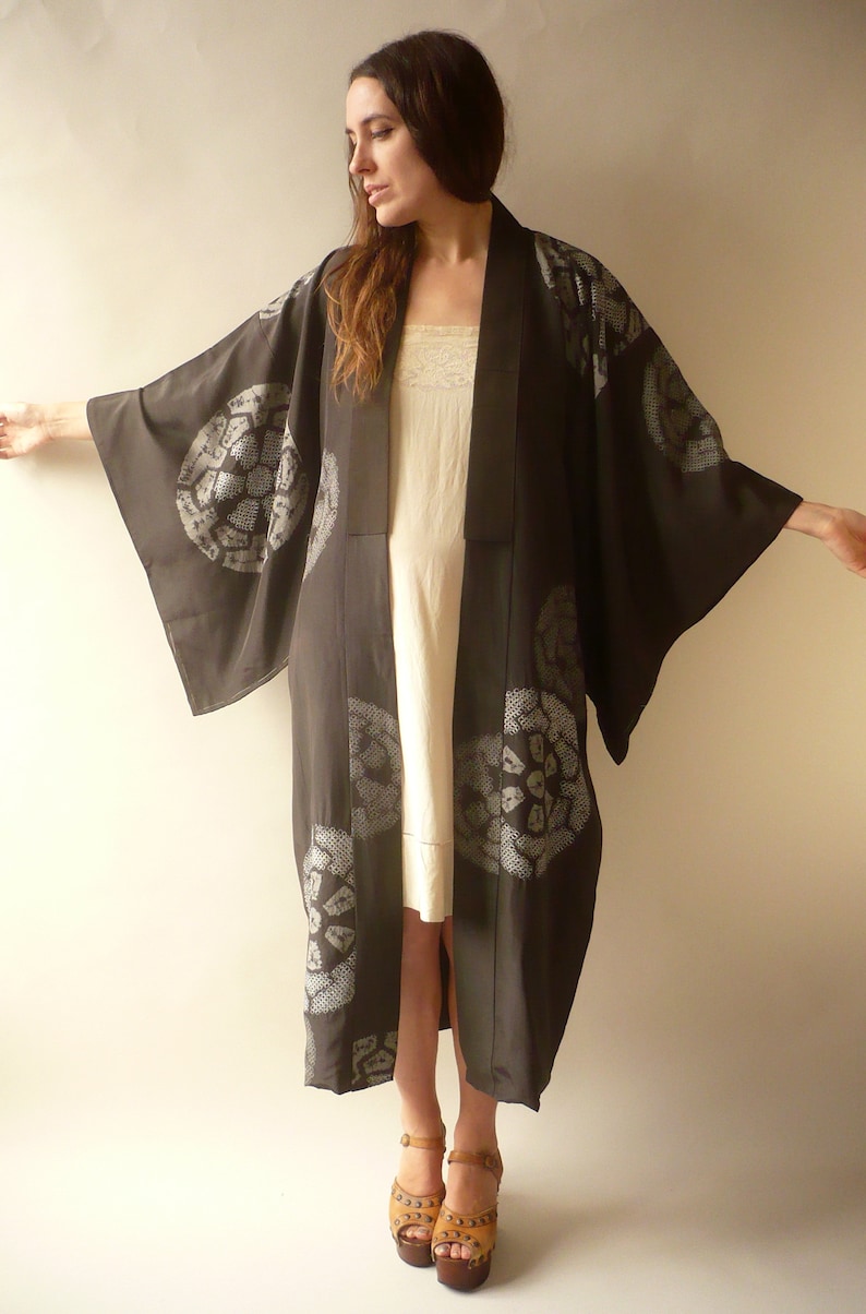 1960/'s Vintage Men/'s Unisex Antique Silk Shibori Juban Kimono Duster Jacket