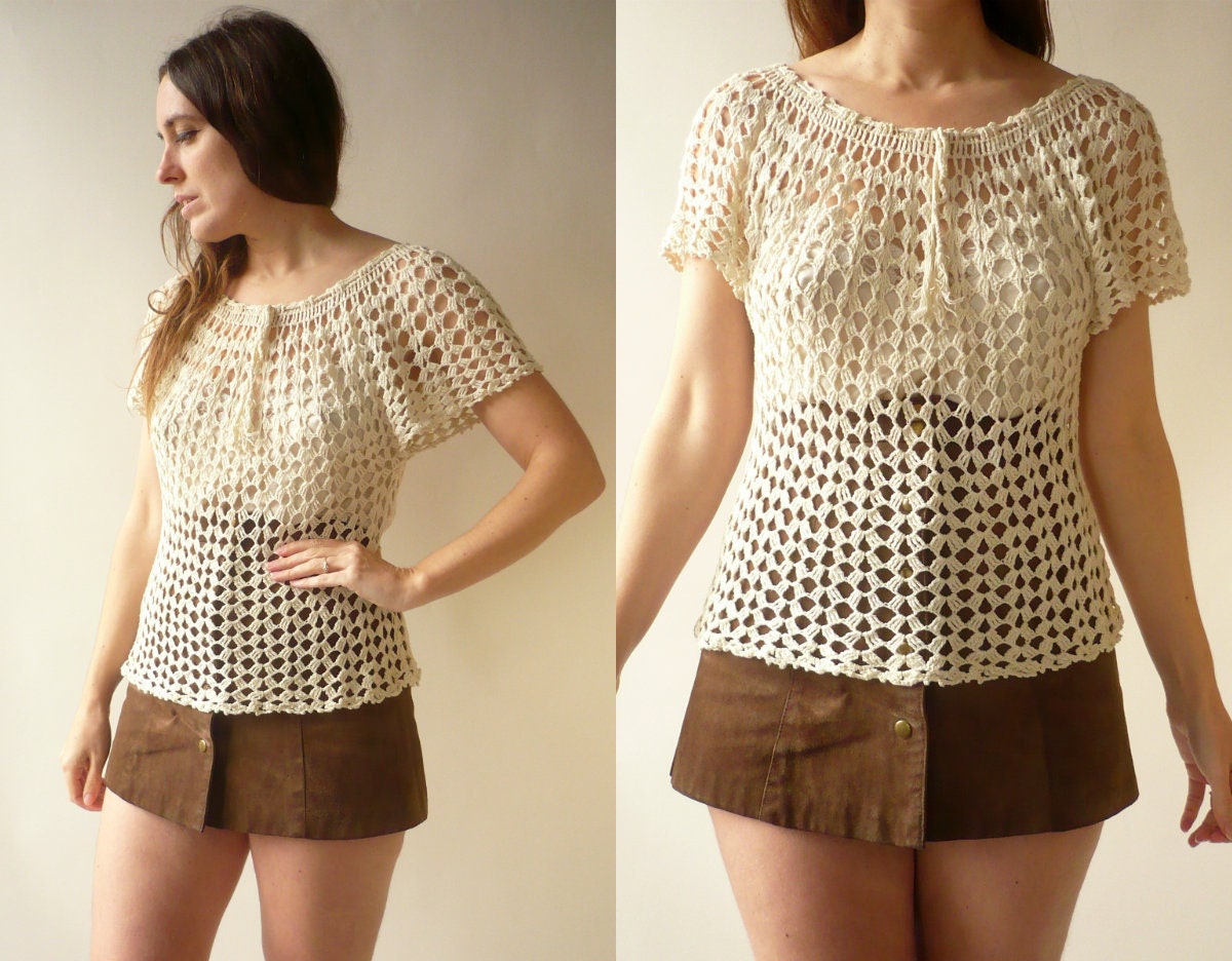 Image of 's Vintage Neutral Cream Crochet Hippie Bohemian Knitted Top