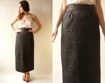 1980's Vintage Black Textured Maxi Length Pencil Wiggle Skirt Size XS