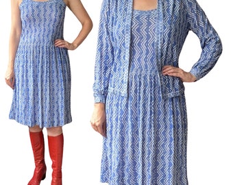 1970's Vintage Blue Jersey Zig Zag Dress & Top Set Size Small