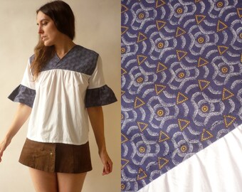 1970's Vintage African Made White Cotton Bohemian Crop Top With Indigo Dyed Bib