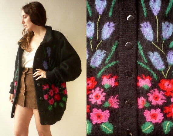 1980's Vintage Black Floral Knitted Mohair Blend F
