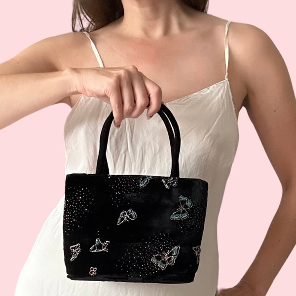 1990's Y2K Vintage Black Mini Velvet Bag With Glittery Butterflies Clutch Purse