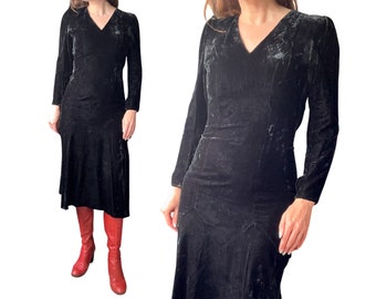 Gunne Sax By Jessica McClintock Early 1990's Vintage Bohemian Black Crushed Velvet Midi Dress Size XXS