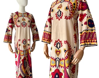 1970's Vintage Bohemian Cotton Printed Maxi Dress/ Kaftan Size Small
