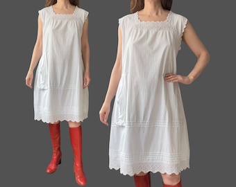 1900's Victorian Antique Vintage Cotton Petticoat White Night Gown Night Dress With Side Pocket
