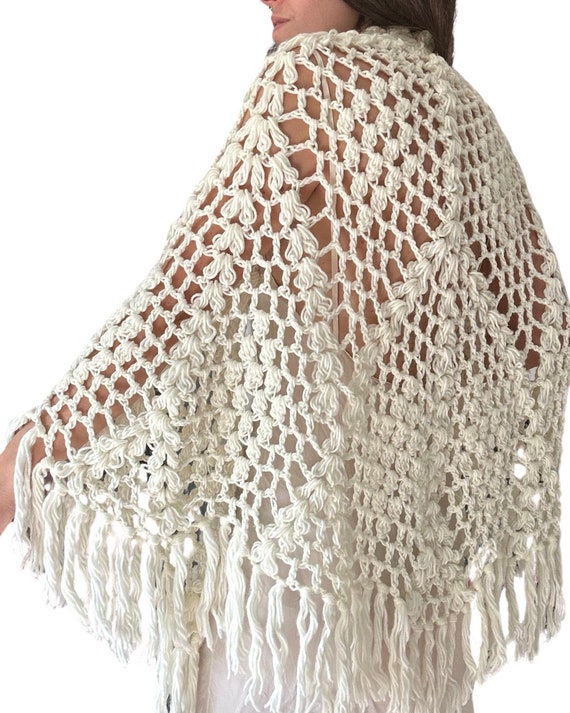 1970's Vintage Cream Hand Knitted Crochet Tassel … - image 6