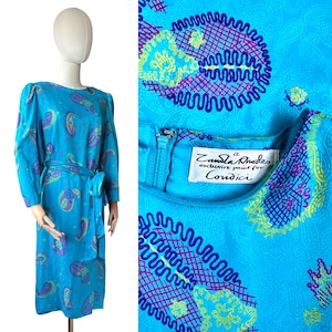 ZANDRA RHODES For Condici 100% Silk Vintage Turquoise Paisley Squiggle Print Midi Dress