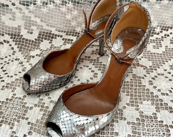 Chloe Silver Snakeskin Leather Heels Shoes Sandals Size Euro 41