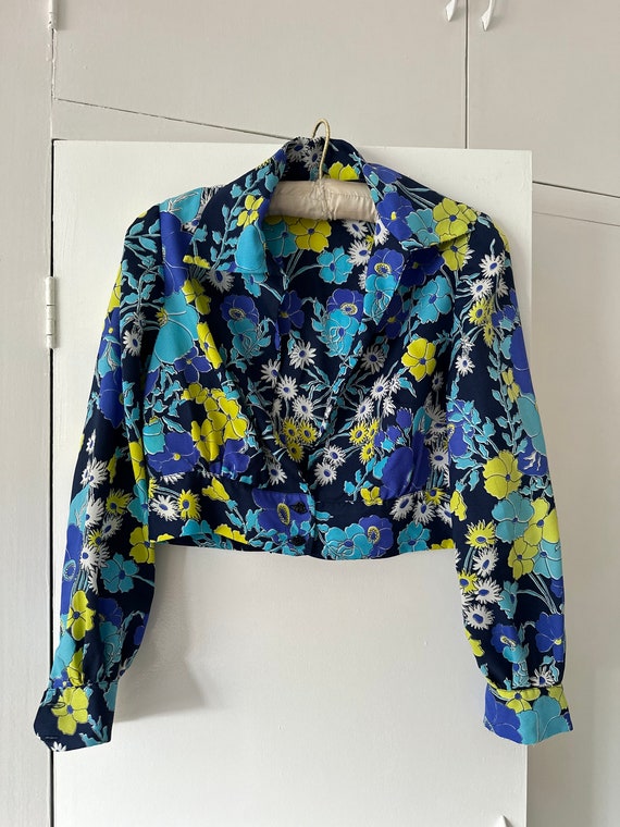 Blouse Femme Retro Denim Fleurie Col Carré Manches Longues Taille S