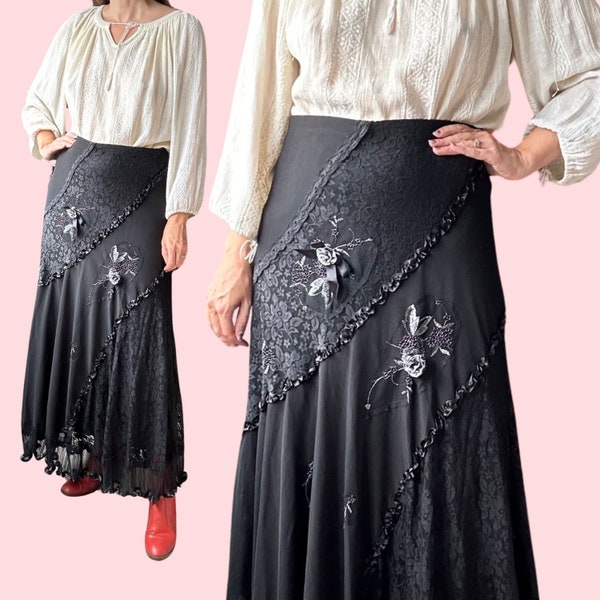 Vintage Y2K 1990's Lace Applique & Mesh Jersey Stretchy Bohemian Maxi Skirt Size XL