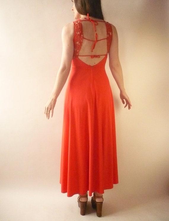 1970's Vintage Bright Red Cut Out Lace Detail Boh… - image 5