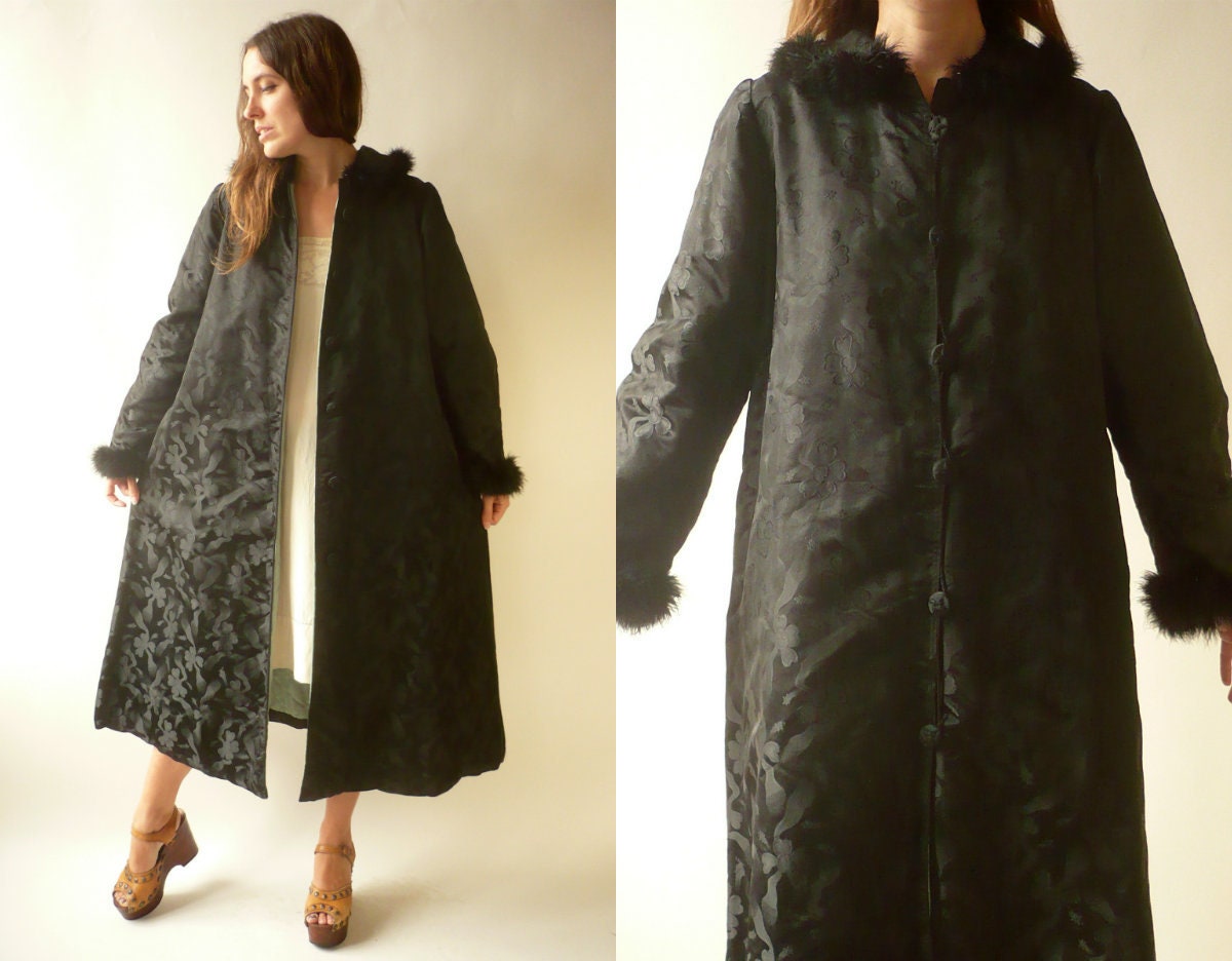 Image of 's Vintage Black Satin Brocade Princess Swing Coat With Marabou Feather Collar & Cuffs