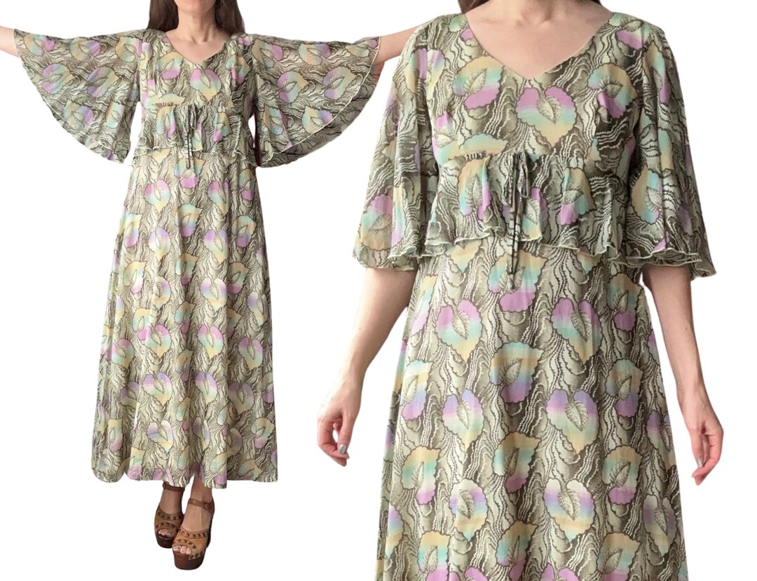 1970's Vintage Novelty Leaf Print Bohemian Maxi Dress With Angel ...