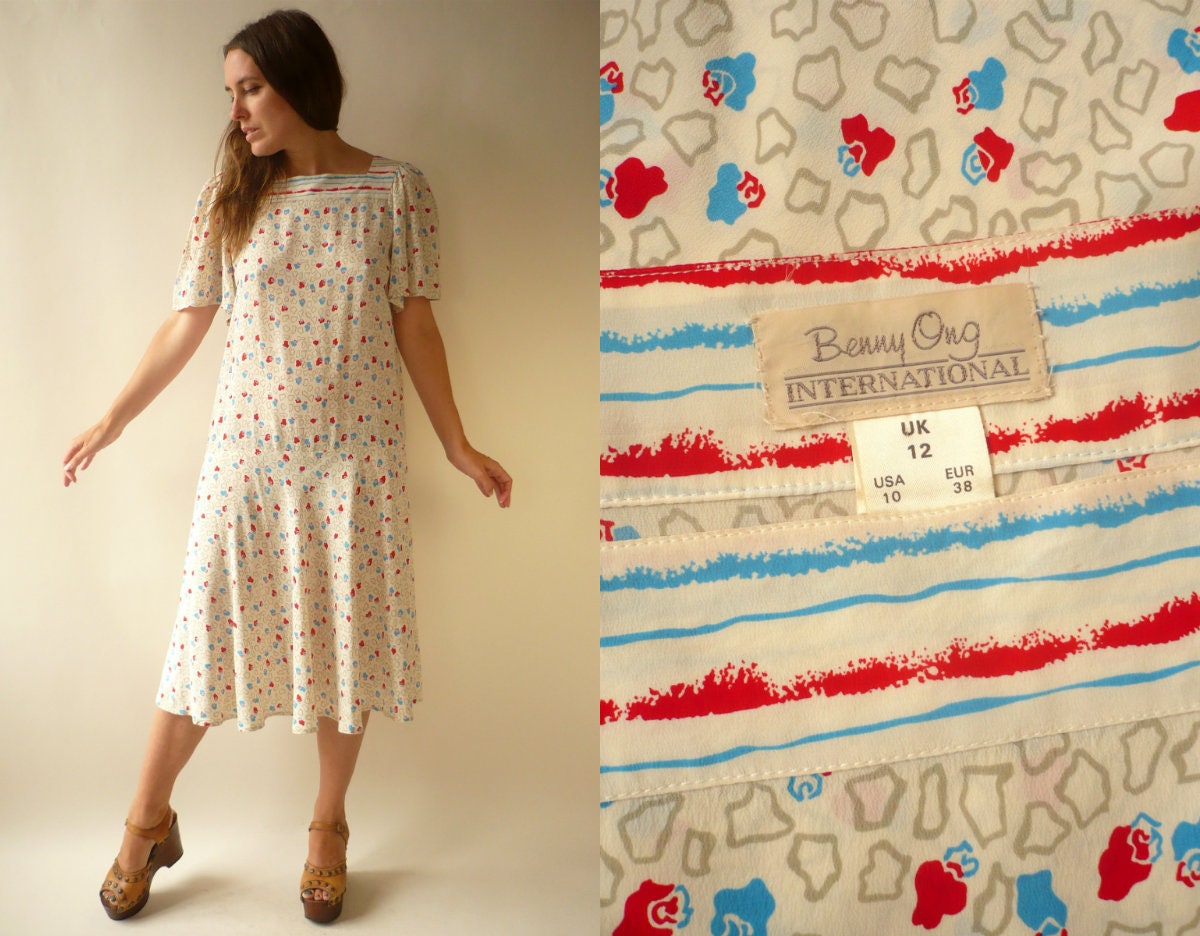 Image of Benny Ong Vintage 's Flutter Sleeve Pure Silk Midi Dress Size Small