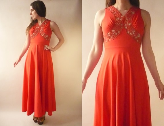 1970's Vintage Bright Red Cut Out Lace Detail Boh… - image 1