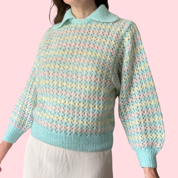 1970's Vintage Pastel Hand Knitted Crochet Balloon Sleeve Jumper With Collar