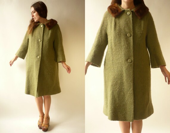 1950's Vintage Green Wool Princess Swing Coat With