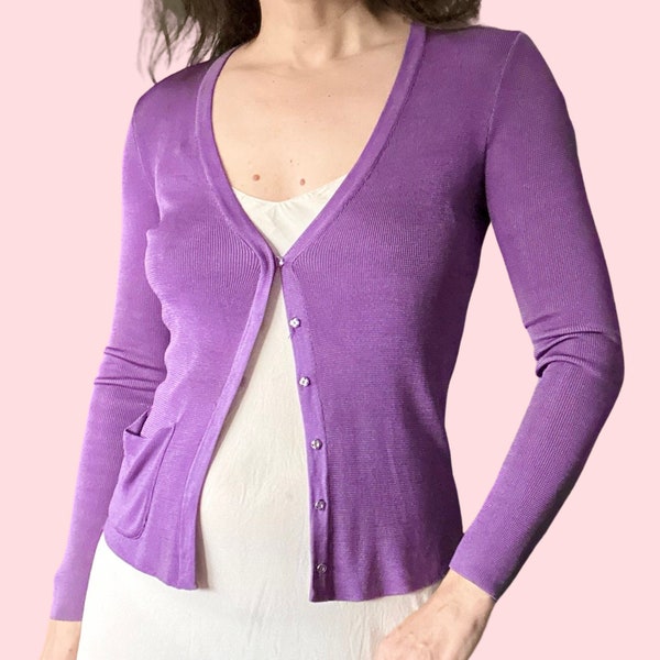 JOSEPH fin des années 1990 vintage de l'an 2000 en jersey tricoté violet cardigan skinny taille petite