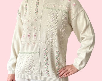 1990's Vintage Embroidered Floral Cotton Knitted Folk Jumper