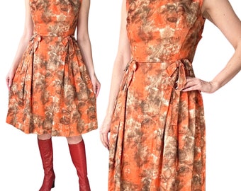 PETER BARRON Vintage 1960's Mid Century Abstract Print Midi Dress With Bows Size XS